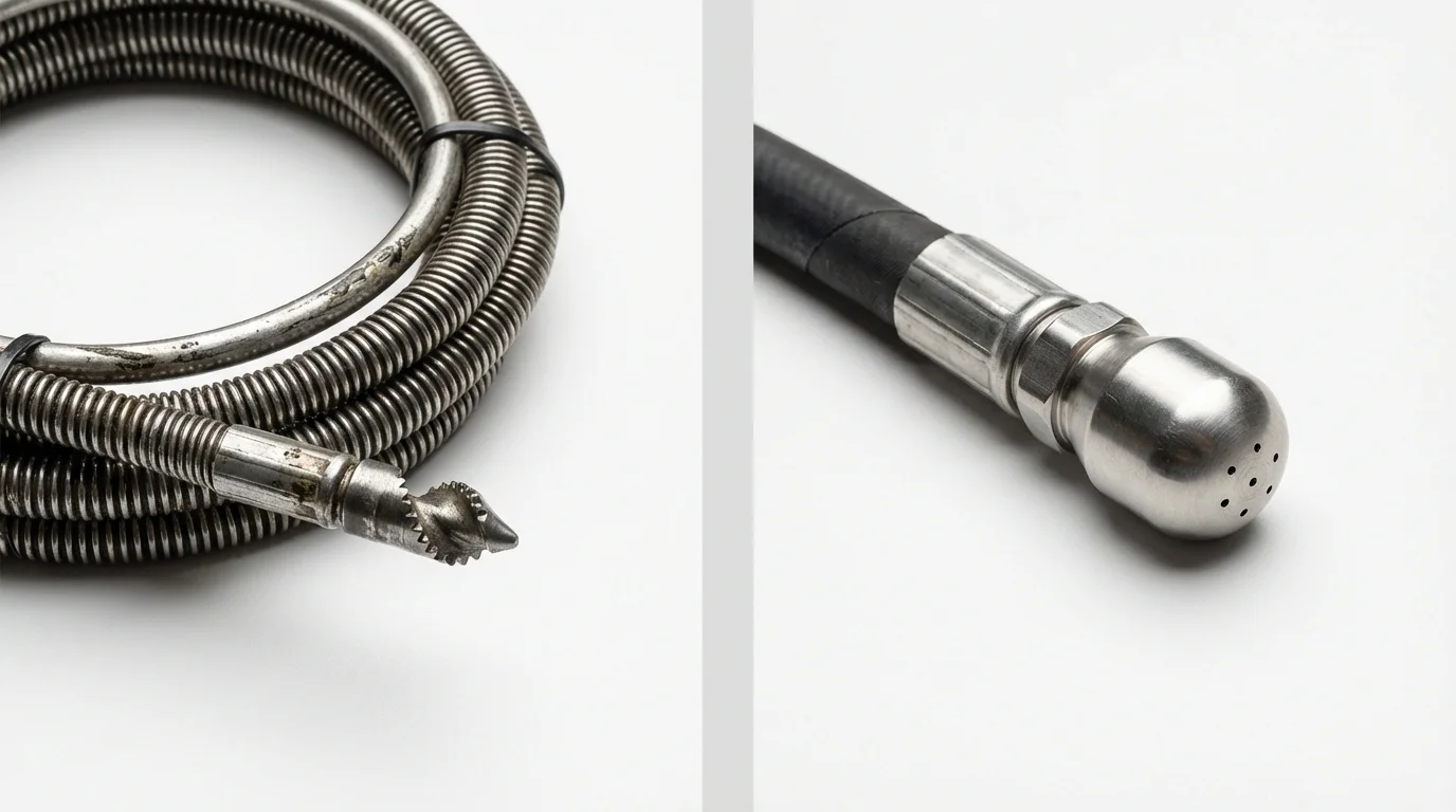 Drain snake cable and hydro jetting nozzle used for drain cleaning in Watertown, CT