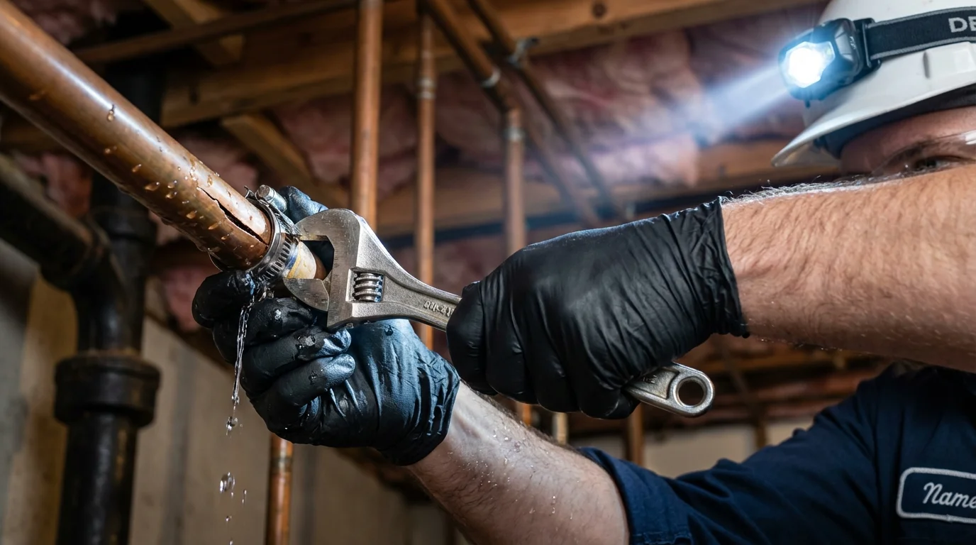 Emergency pipe clamp repair being performed by a Johns Plumbing LLC plumber in Watertown