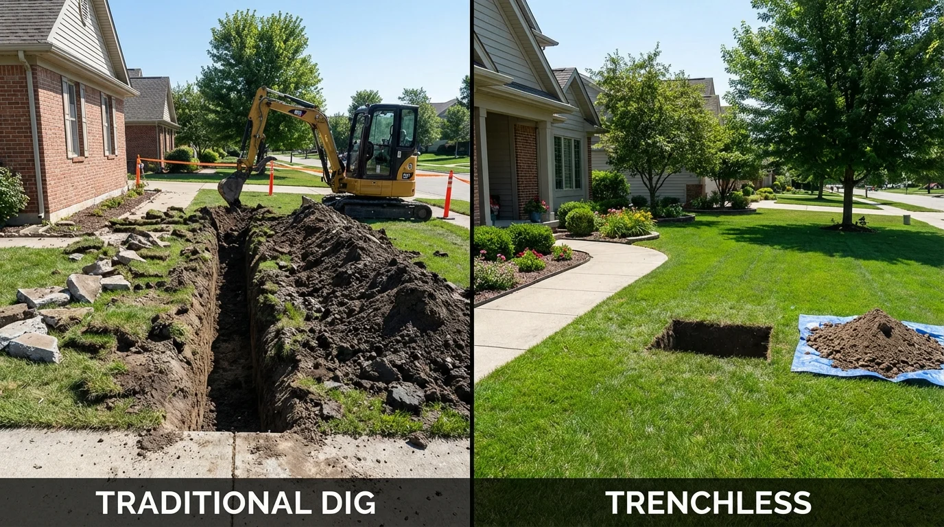 Trenchless sewer repair with minimal yard damage versus traditional excavation in Watertown, CT