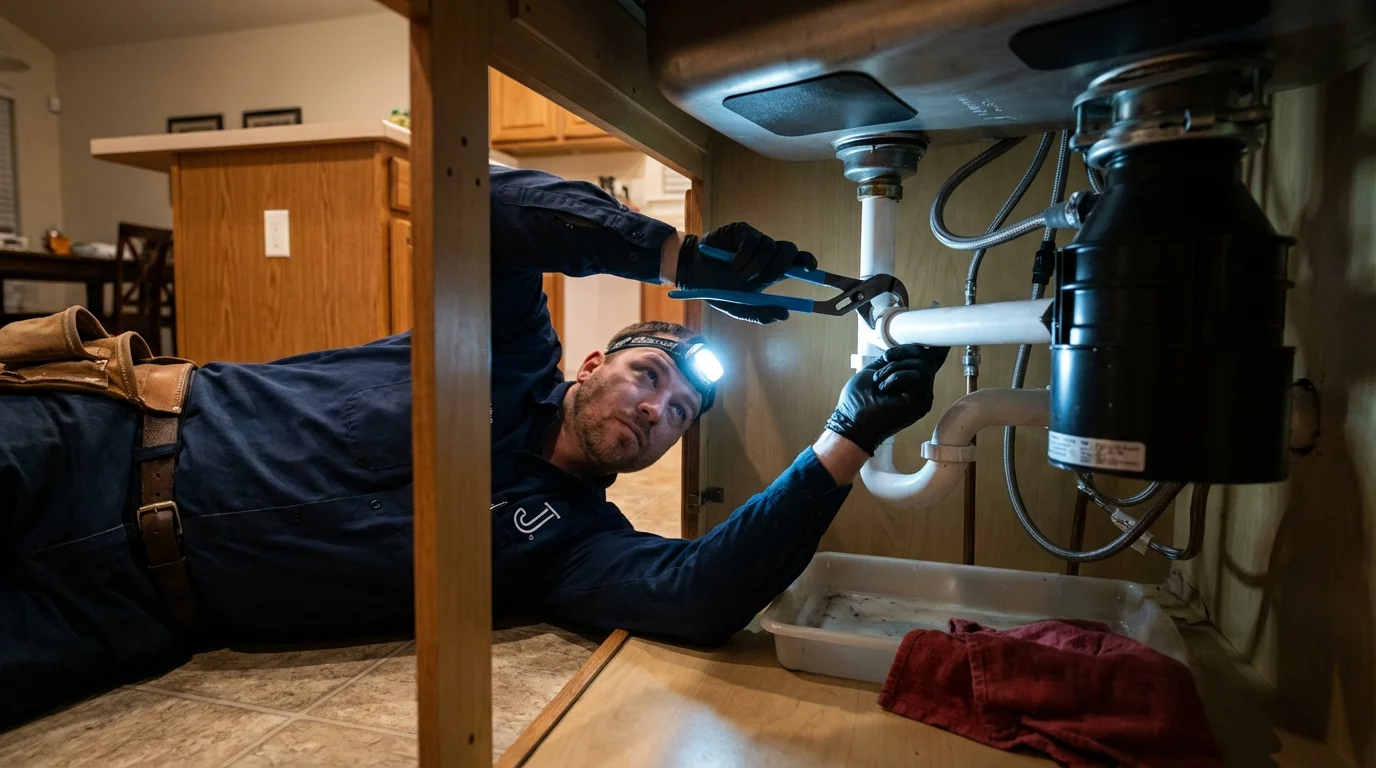 P-trap and supply line connections under a kitchen sink showing a common leak point in Watertown, CT
